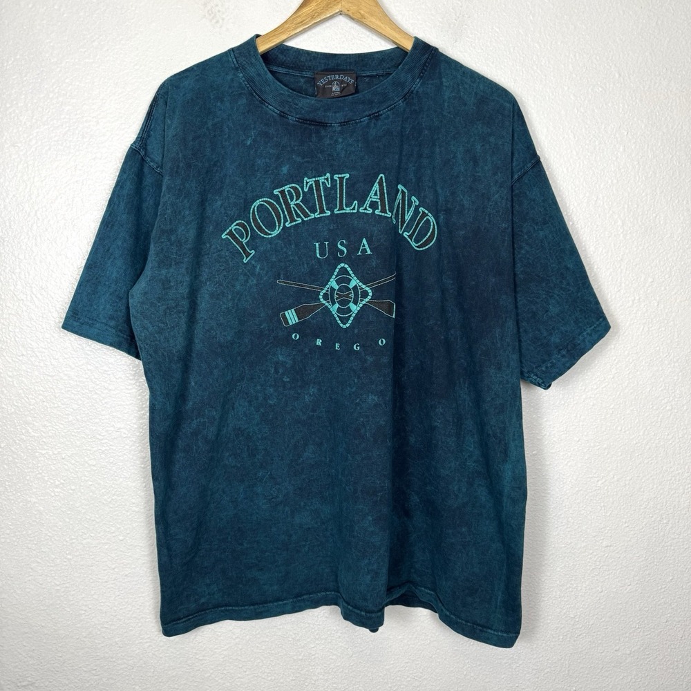 Vintage Portland Oregon‎ USA T-shirt Men's Large Blue / Green Tie Dye Tee Shirt